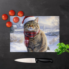 Christmas Tabby Cat Glass Chopping Board