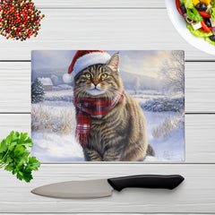 Christmas Tabby Cat Glass Chopping Board