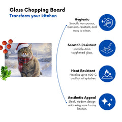 Christmas Tabby Cat Glass Chopping Board