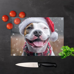 Snowy Christmas Staffy Bull Terrier Dog Glass Chopping Board