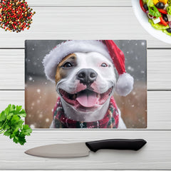 Snowy Christmas Staffy Bull Terrier Dog Glass Chopping Board