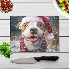 Christmas Staffy Bull Terrier Glass Chopping Board