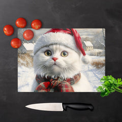 Christmas White Cat Glass Chopping Board