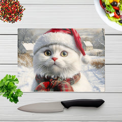 Christmas White Cat Glass Chopping Board