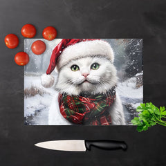 Snowy Christmas White Cat Glass Chopping Board