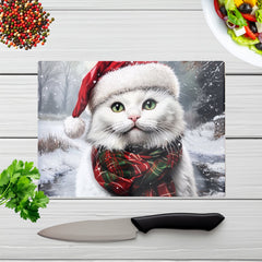 Snowy Christmas White Cat Glass Chopping Board
