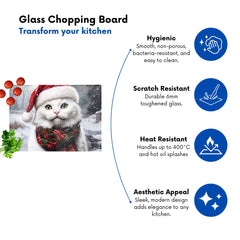 Snowy Christmas White Cat Glass Chopping Board