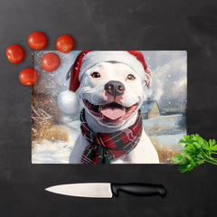 Snowy Christmas Staffy Bull Terrier Glass Chopping Board