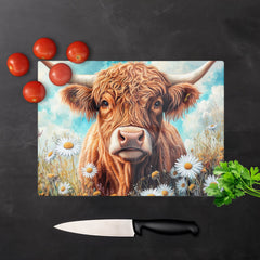 Highland Cow With Daisies Chopping Board