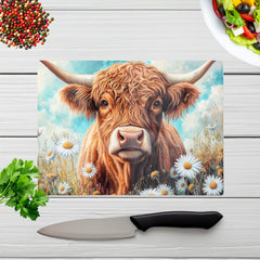 Highland Cow With Daisies Chopping Board