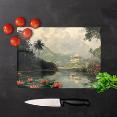 Temple By A Lake With Lilies Chopping Board