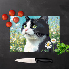 Black And White Cat In A Summer Meadow Chopping Board
