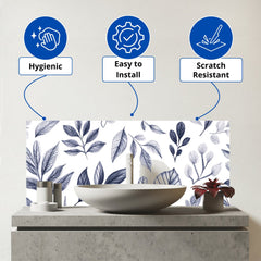 Grey Hand Drawn Leaves Glass Bathroom Splashback