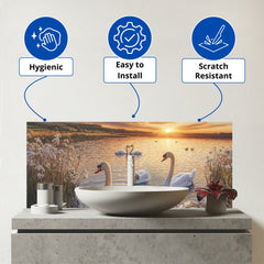 Swans At Sunset In A Beautiful Lake Glass Bathroom Splashback