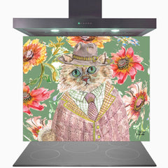 Cottage Floral Cat Glass Kitchen Splashback