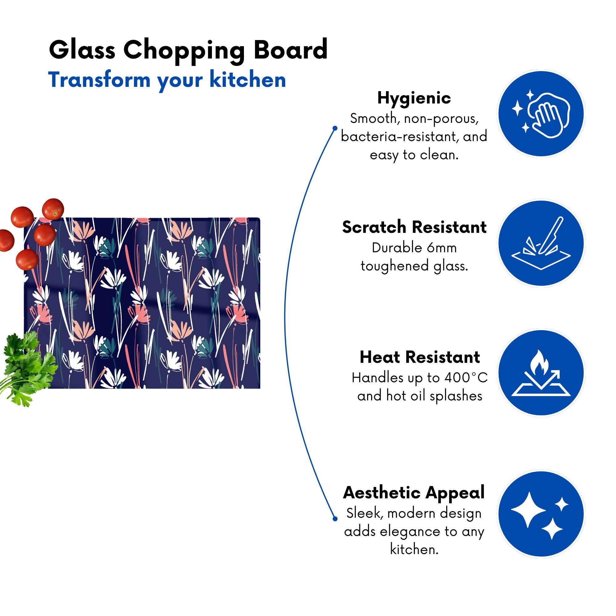 Hand Drawn Wild Flowers Glass Chopping Board