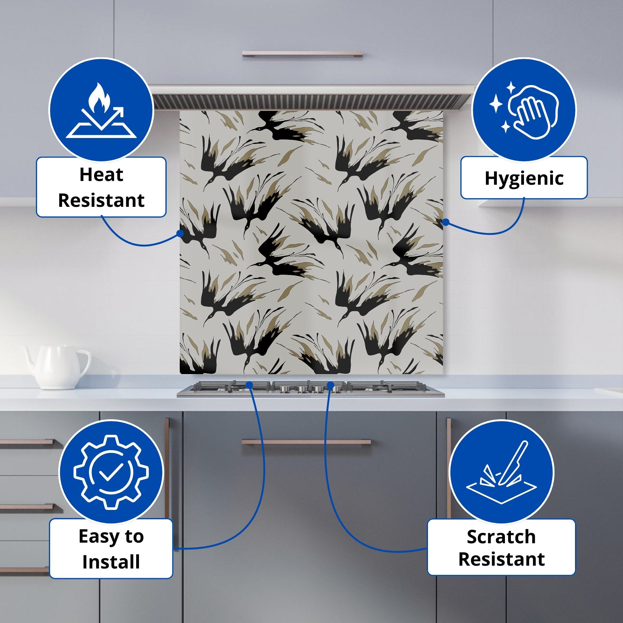 Black And Gold Fire Bird Silhouettes Kitchen Splashback