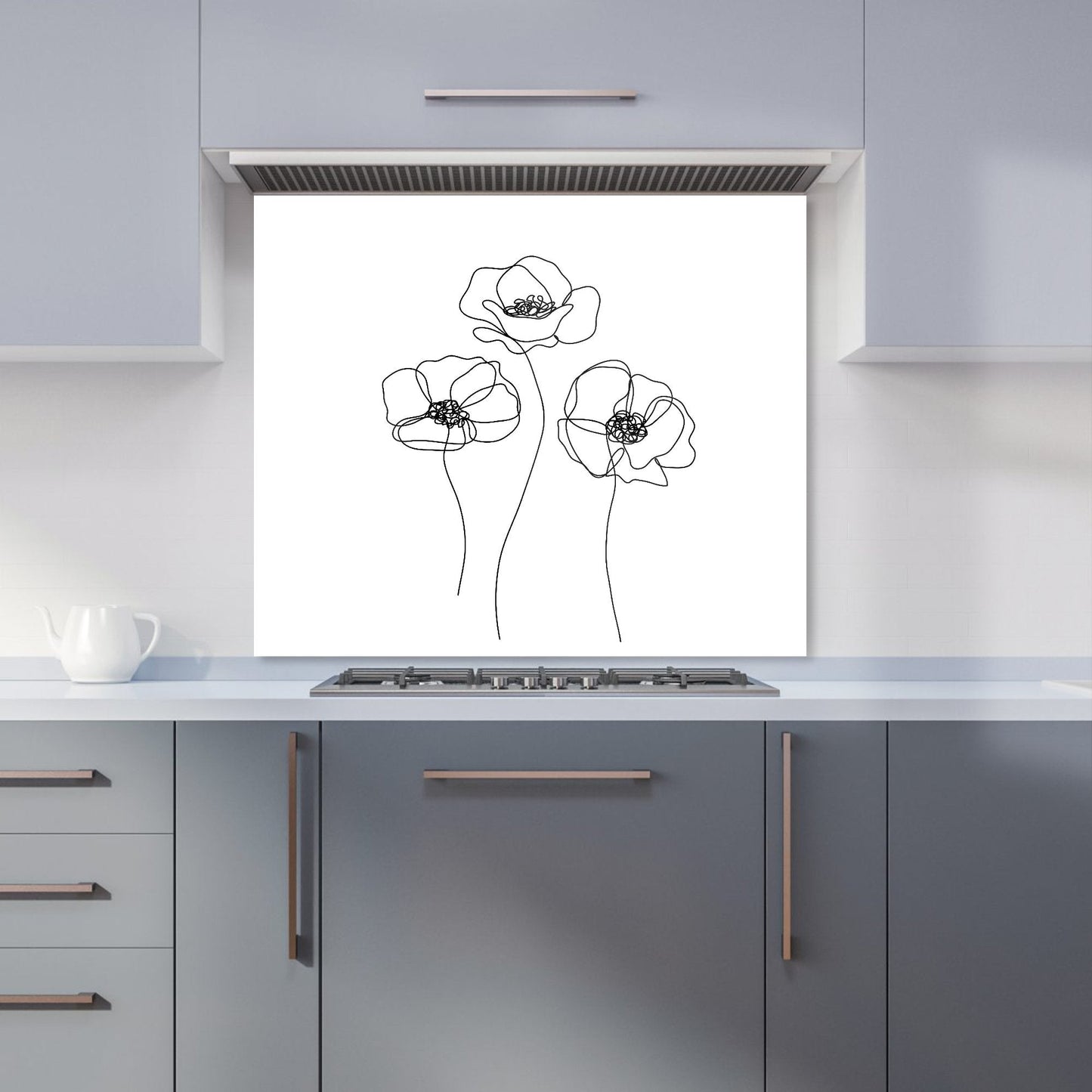 Monochrome Line Drawn Poppies Kitchen Splashback