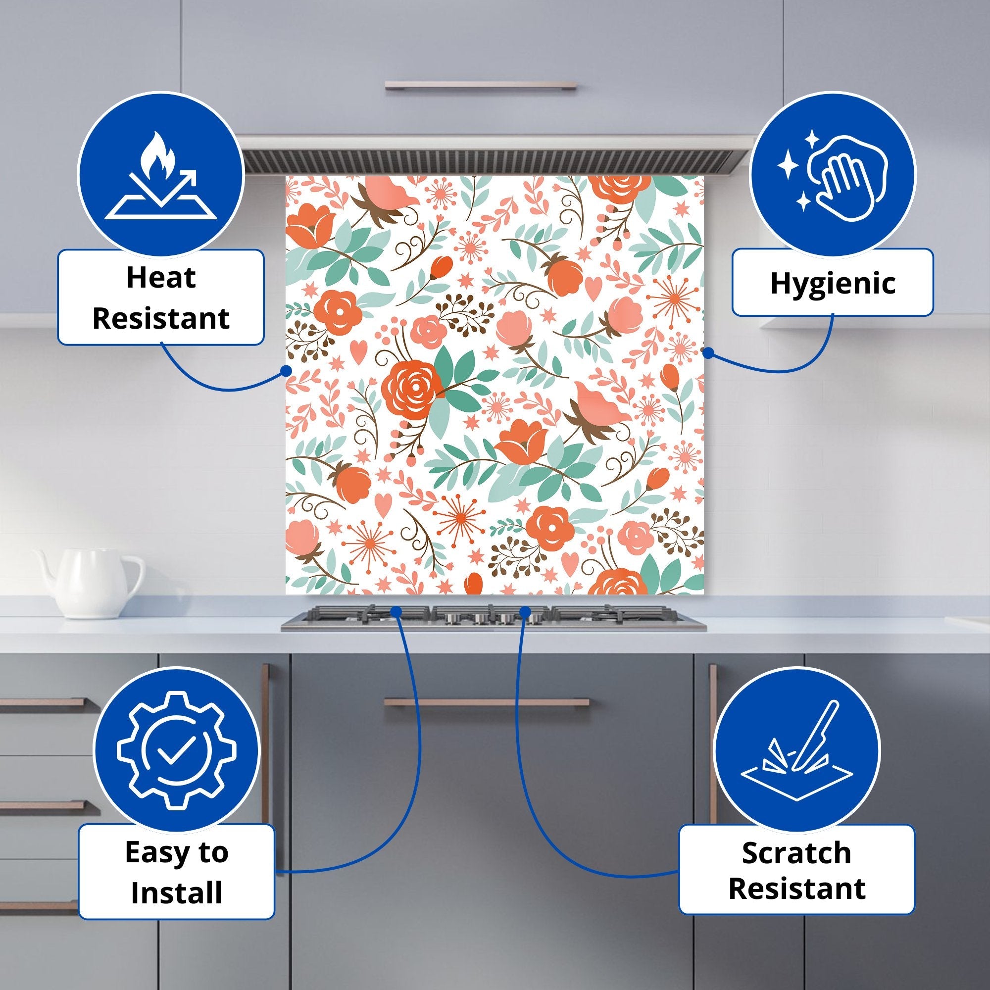 Orange Floral Pattern Kitchen Splashback