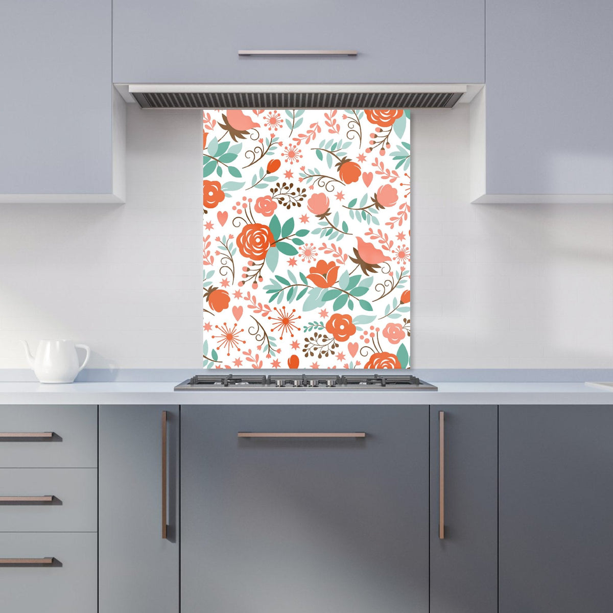 Orange Floral Pattern Kitchen Splashback