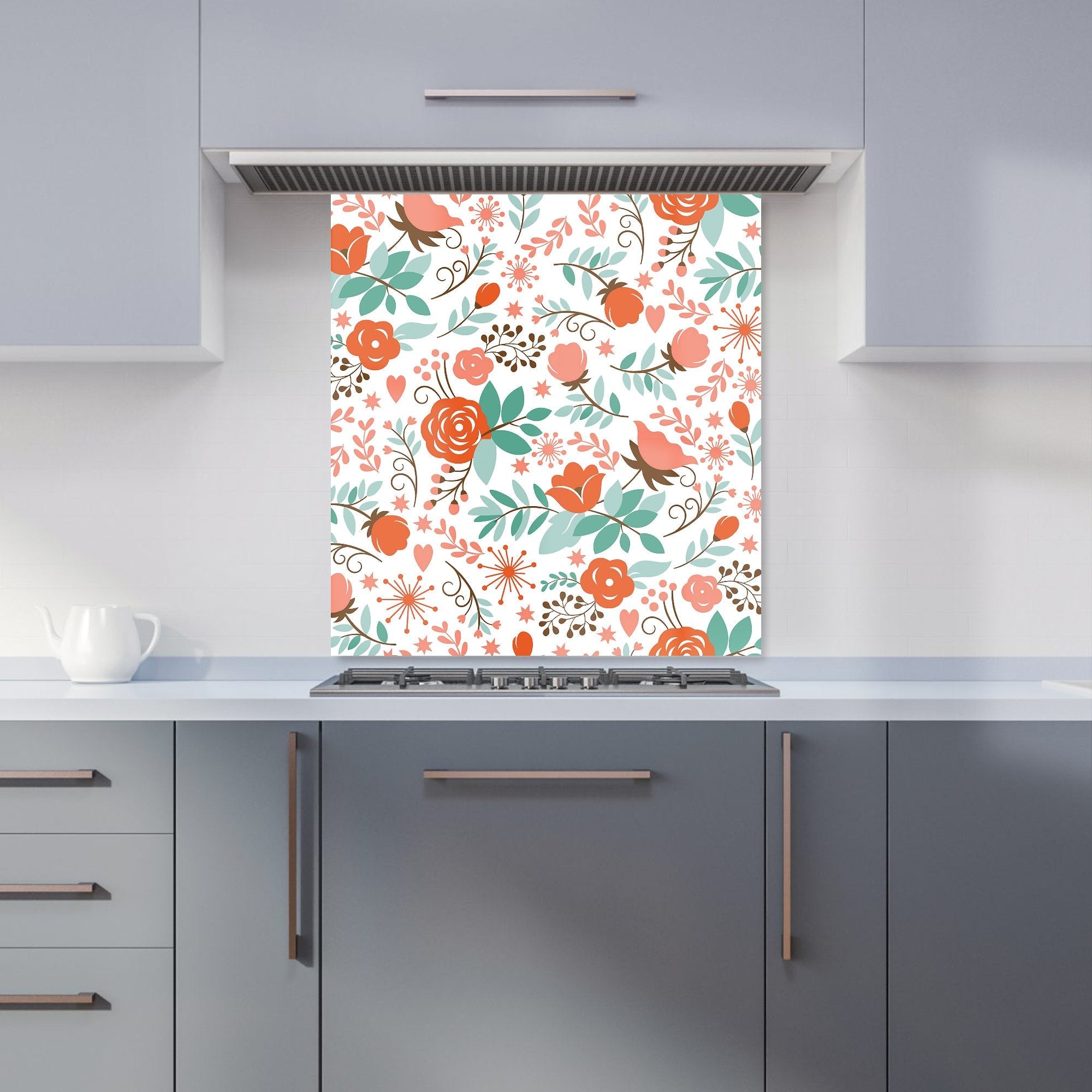 Orange Floral Pattern Kitchen Splashback