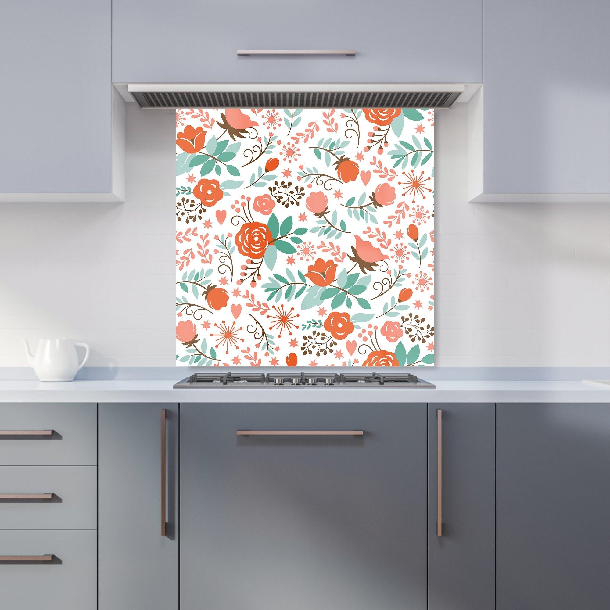 Orange Floral Pattern Kitchen Splashback