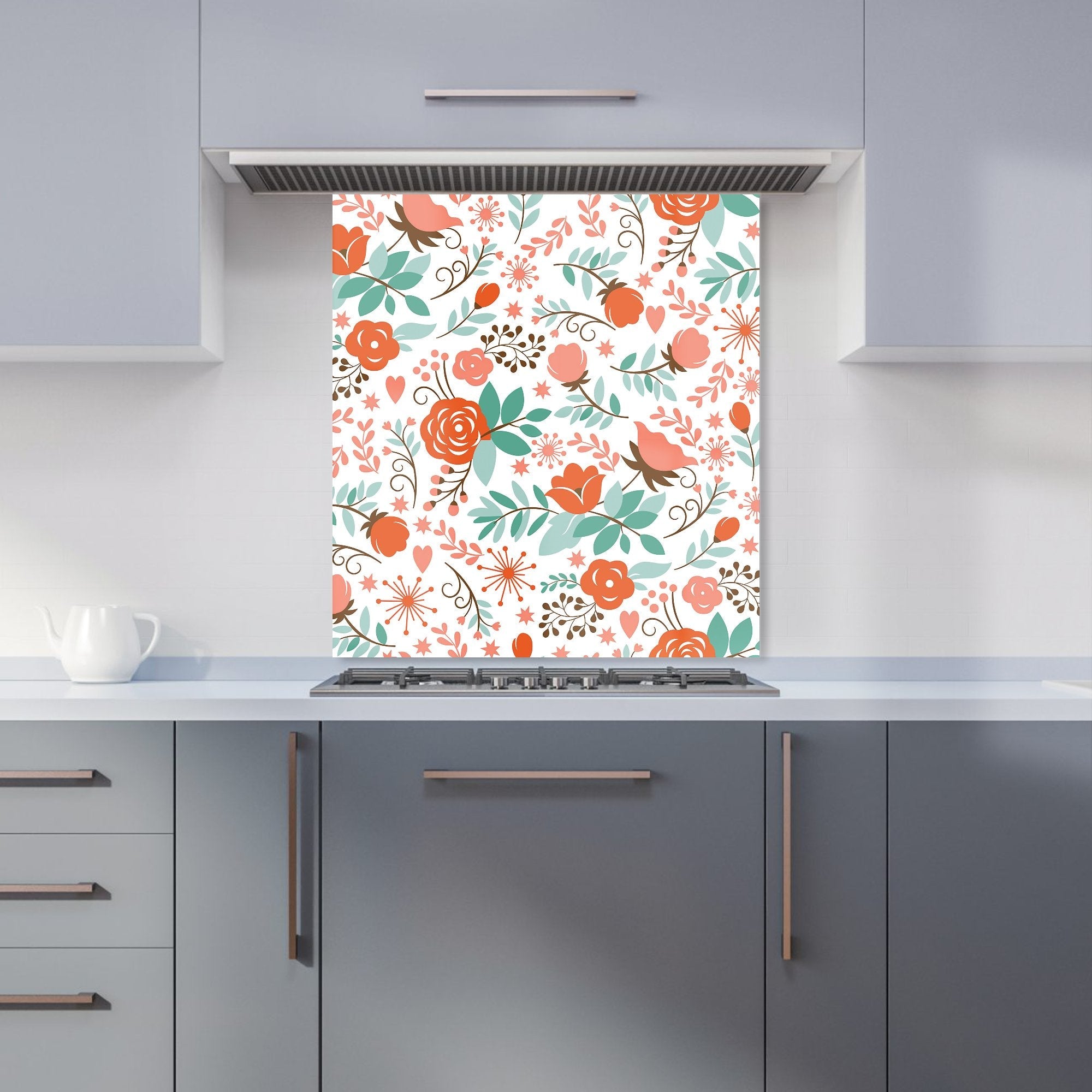 Orange Floral Pattern Kitchen Splashback
