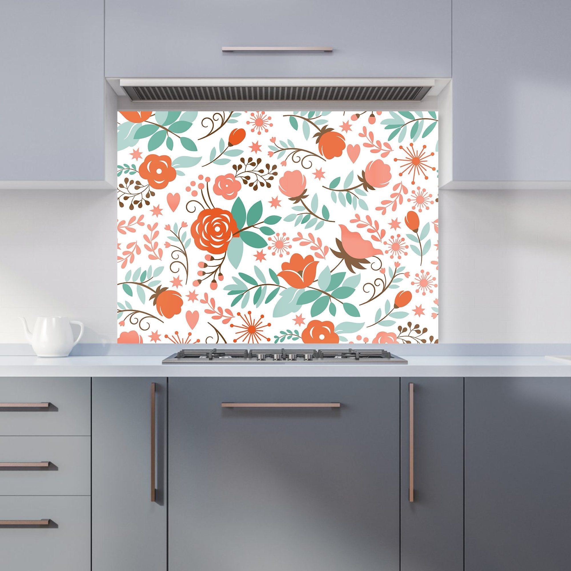 Orange Floral Pattern Kitchen Splashback