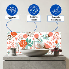 Orange Floral Pattern Glass Bathroom Splashback