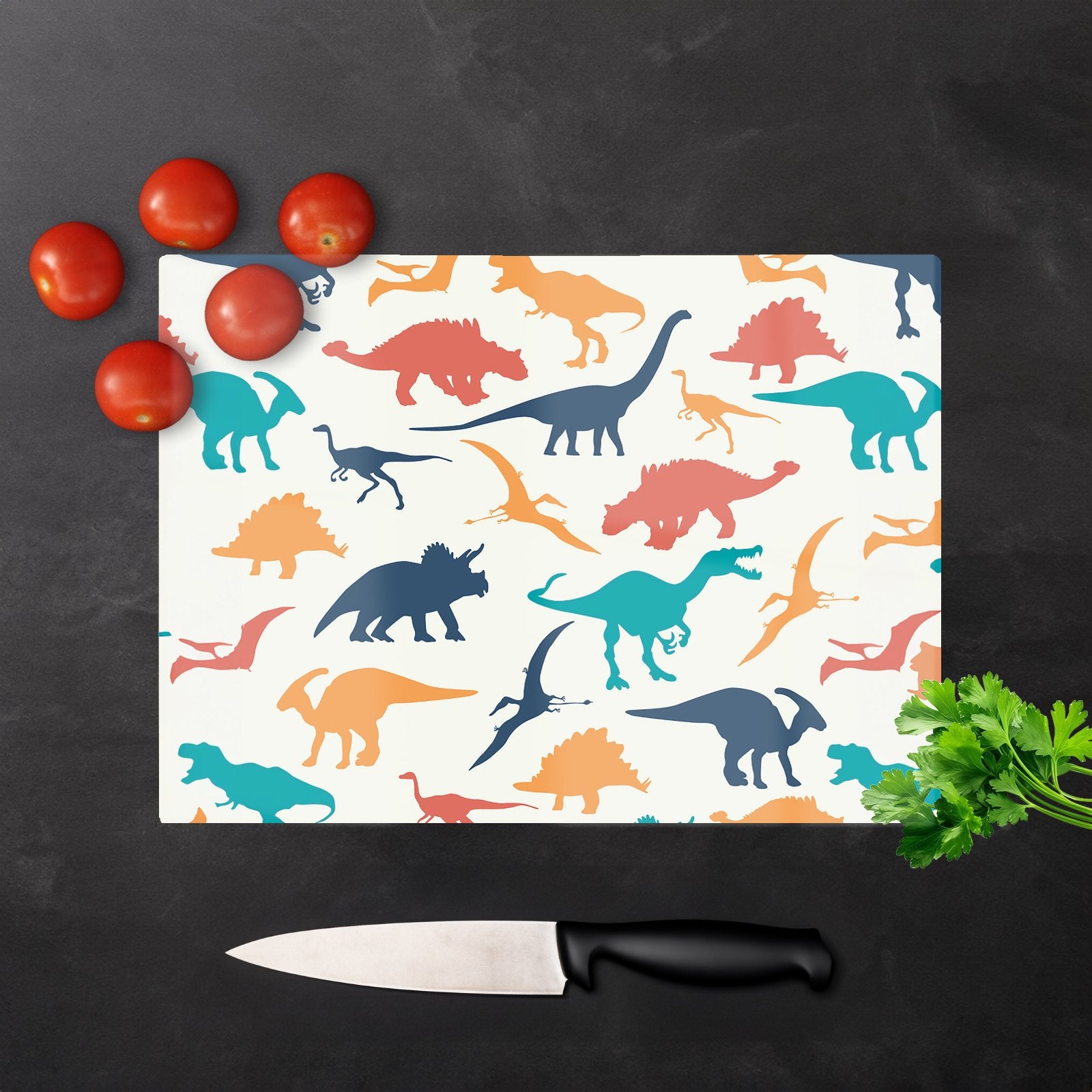 Multicoloured Dinosaurs Glass Chopping Board