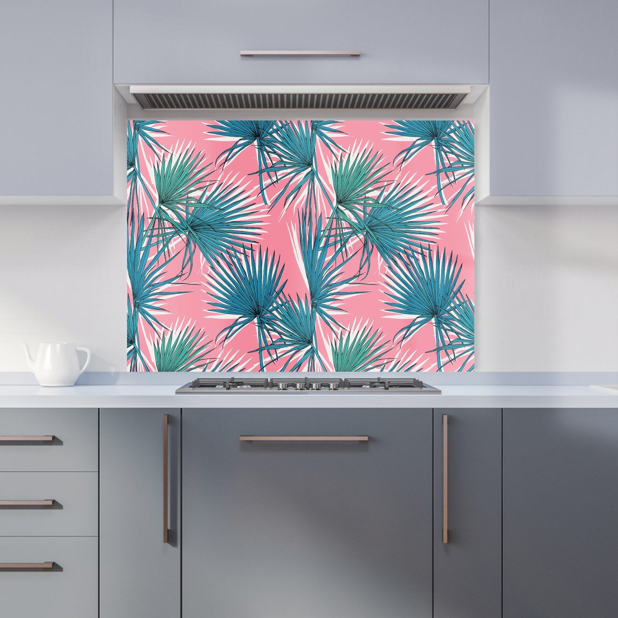 Pink Green Fan Palms Kitchen Splashback