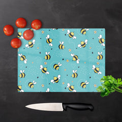 Hand Drawn Busy Bees Glass Chopping Board