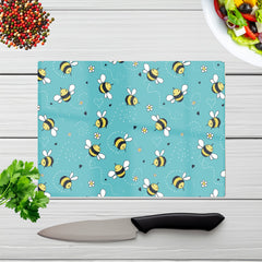 Hand Drawn Busy Bees Glass Chopping Board