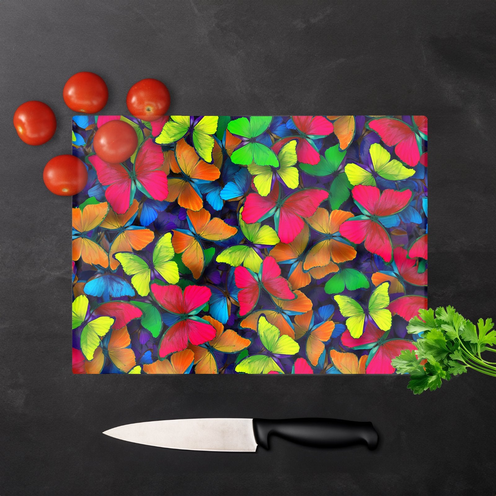 Rainbow Butterflies Glass Chopping Board