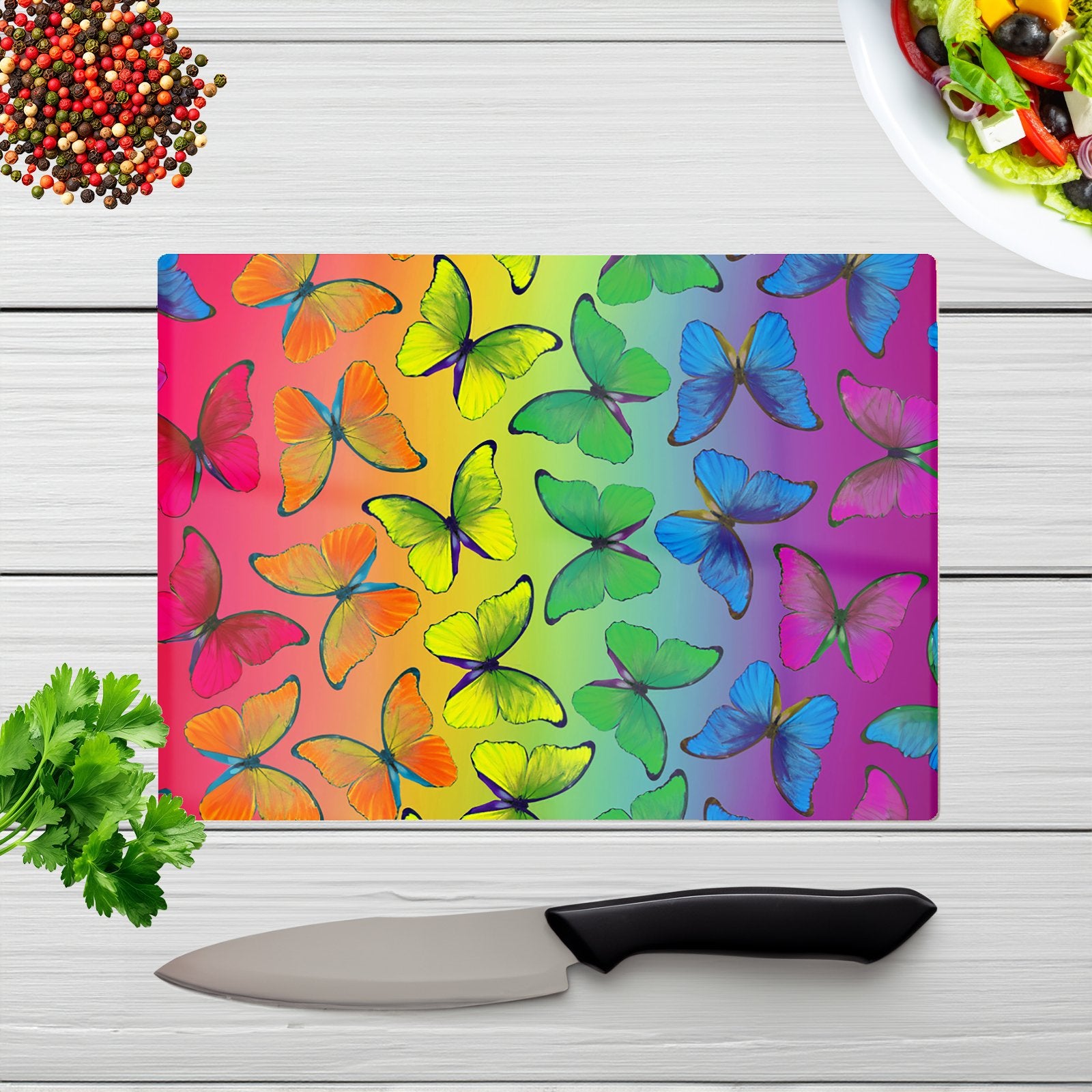 Multicoloured Butterfly Pattern Glass Chopping Board