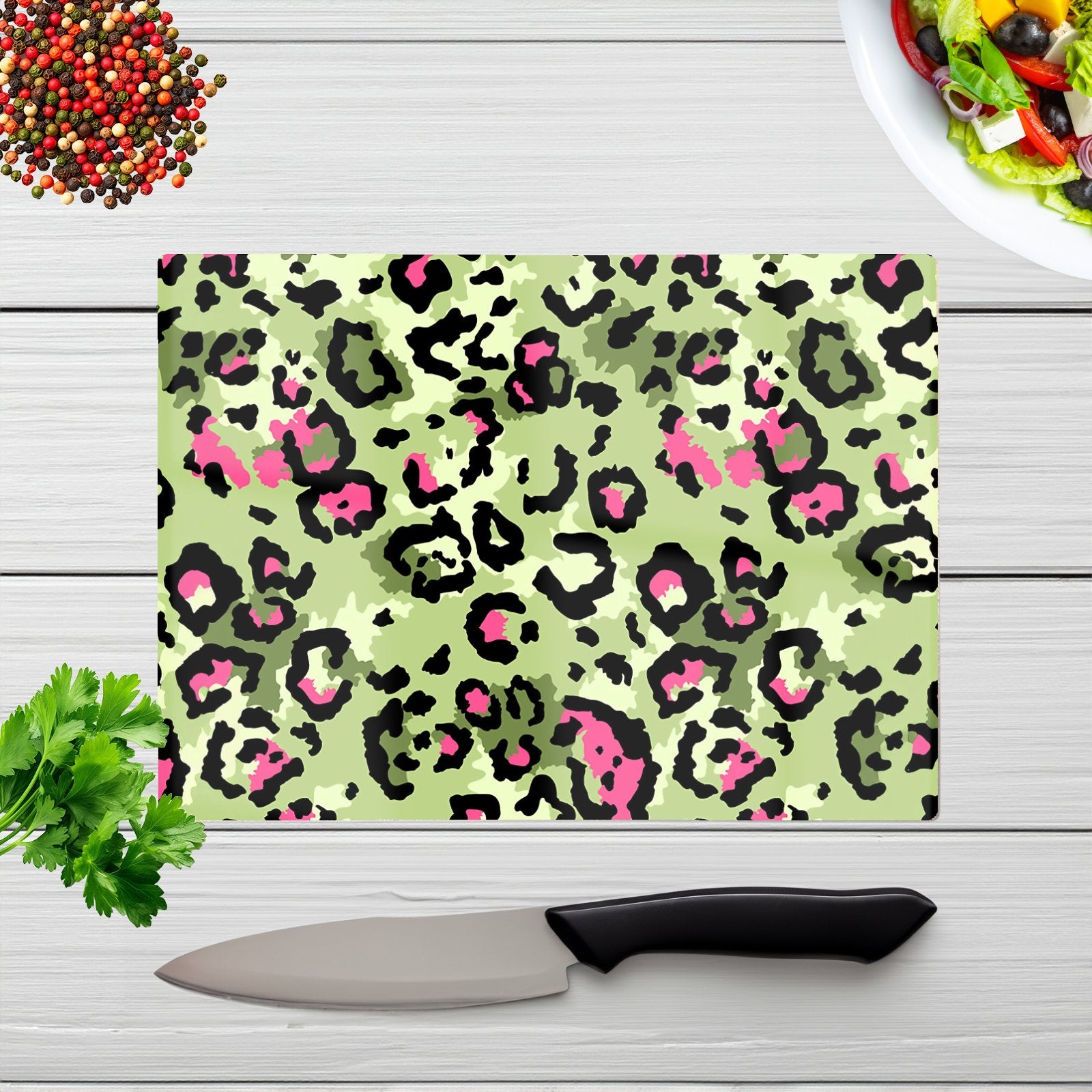 Green And Pink Leopard Print Glass Chopping Board