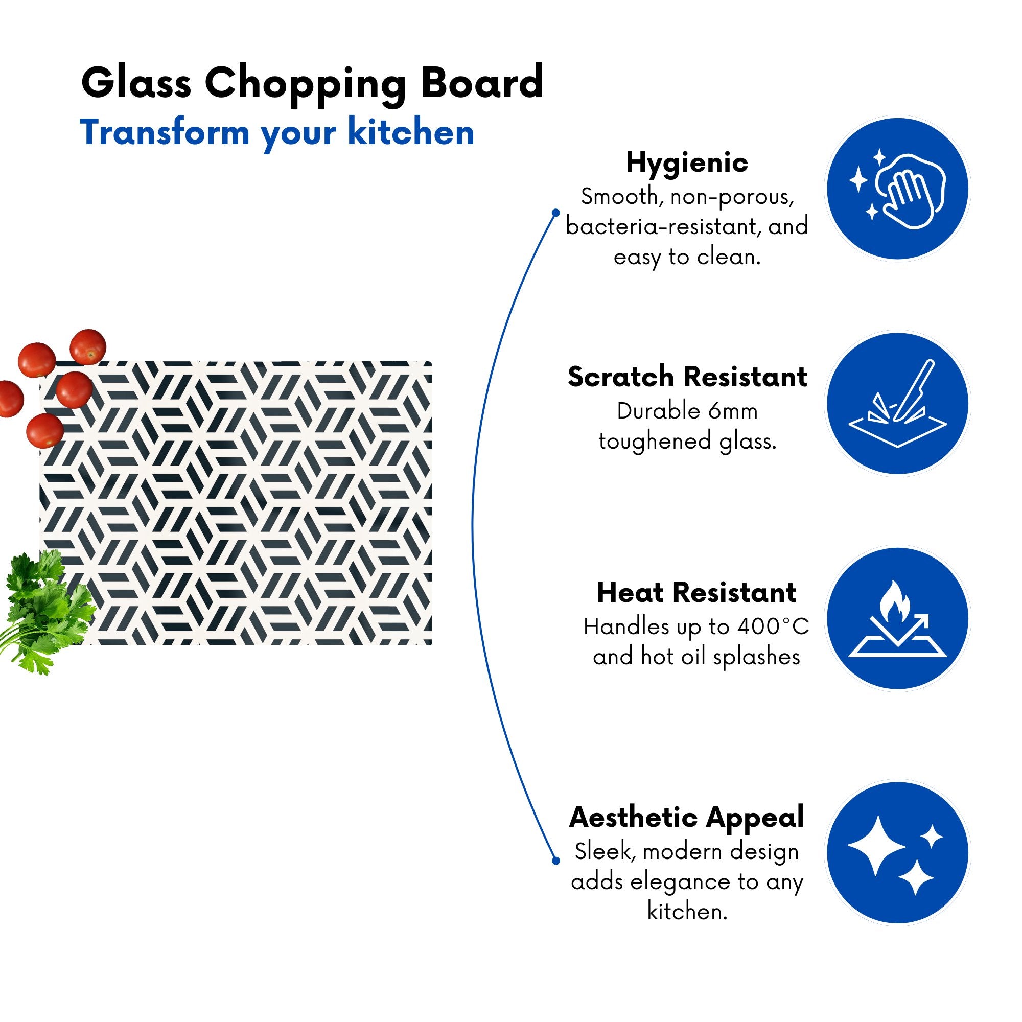 Geometric Monochrome Hexagonal Pattern Glass Chopping Board