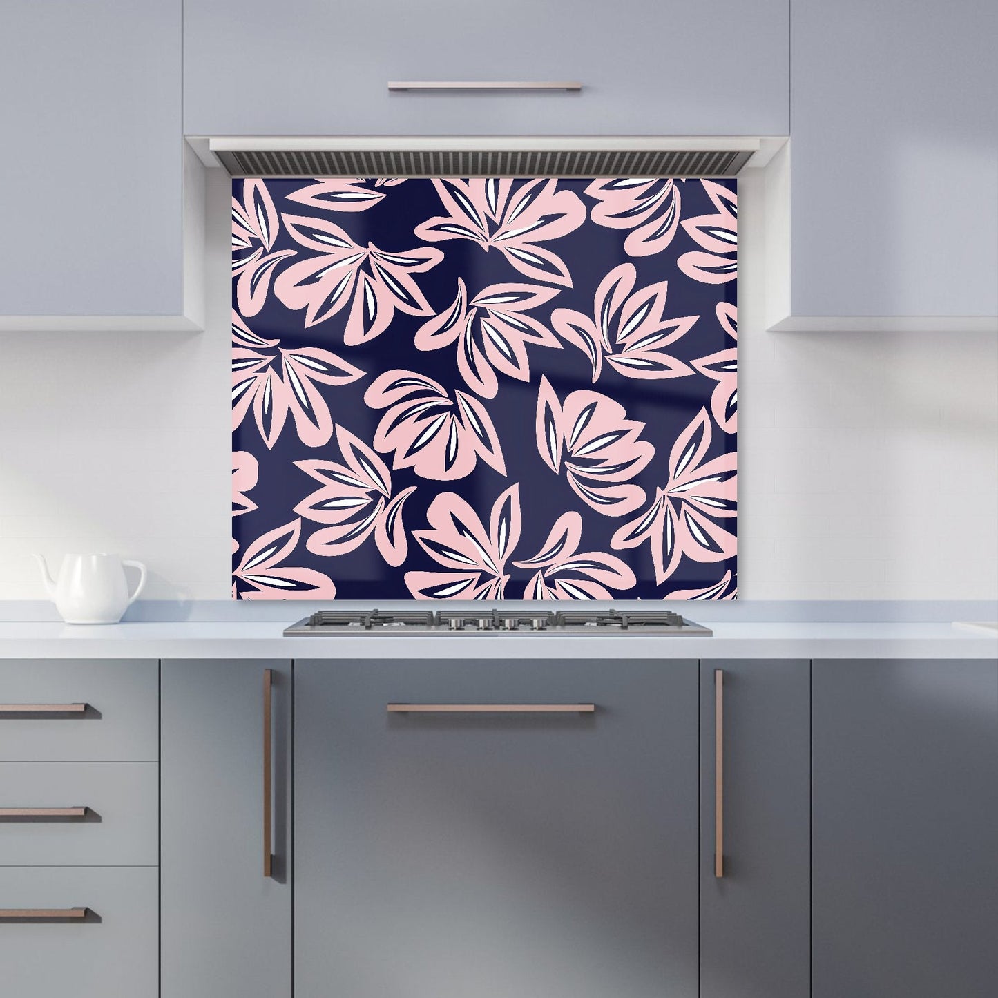 Pink Navy Floral Botanical Pattern Kitchen Splashback