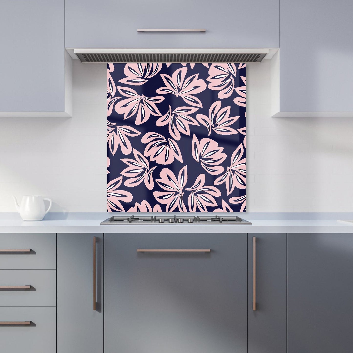 Pink Navy Floral Botanical Pattern Kitchen Splashback