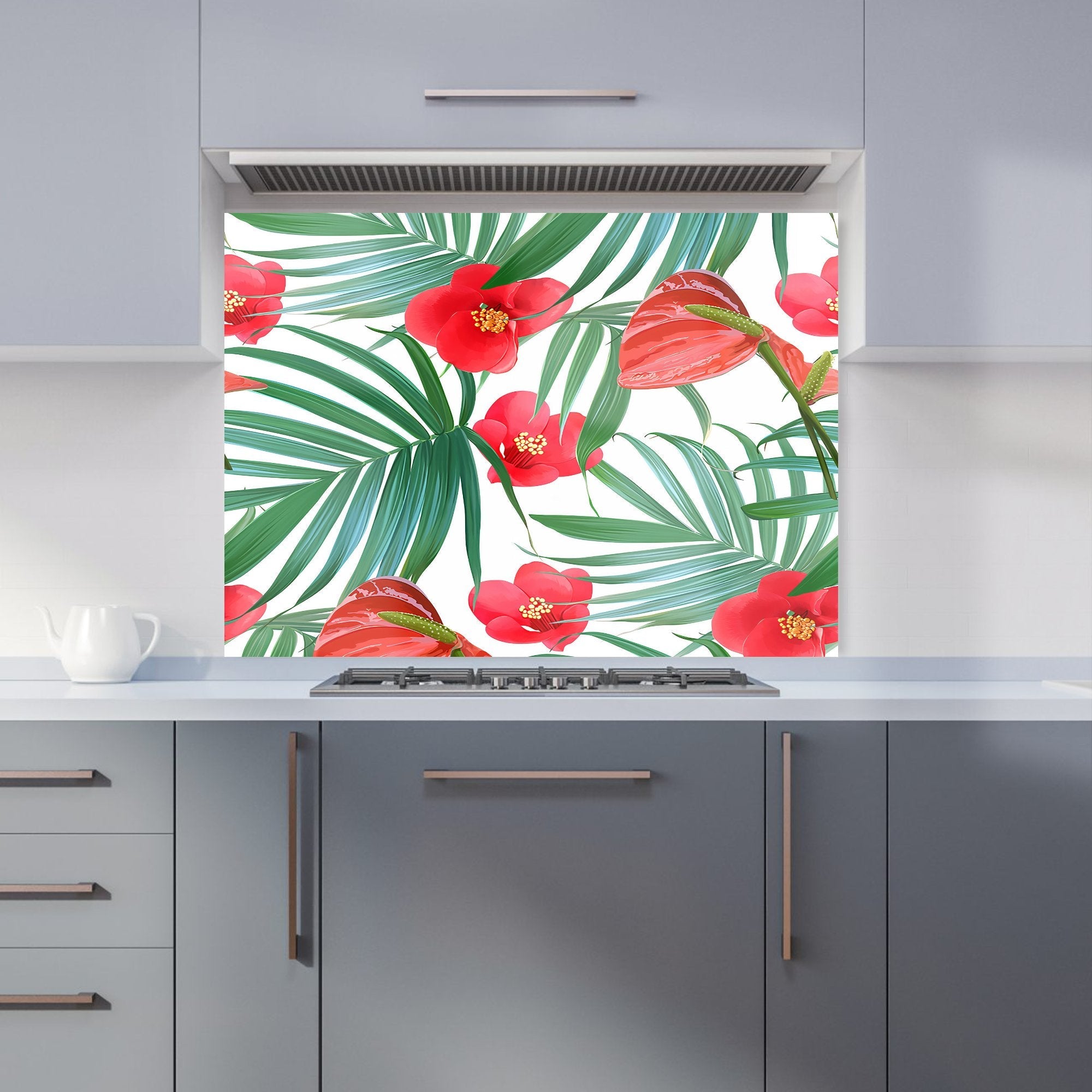 Tropical Flowers, Palm Leaves Hawaiian Kitchen Splashback