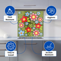 Red And Blue Flowers Kitchen Splashback