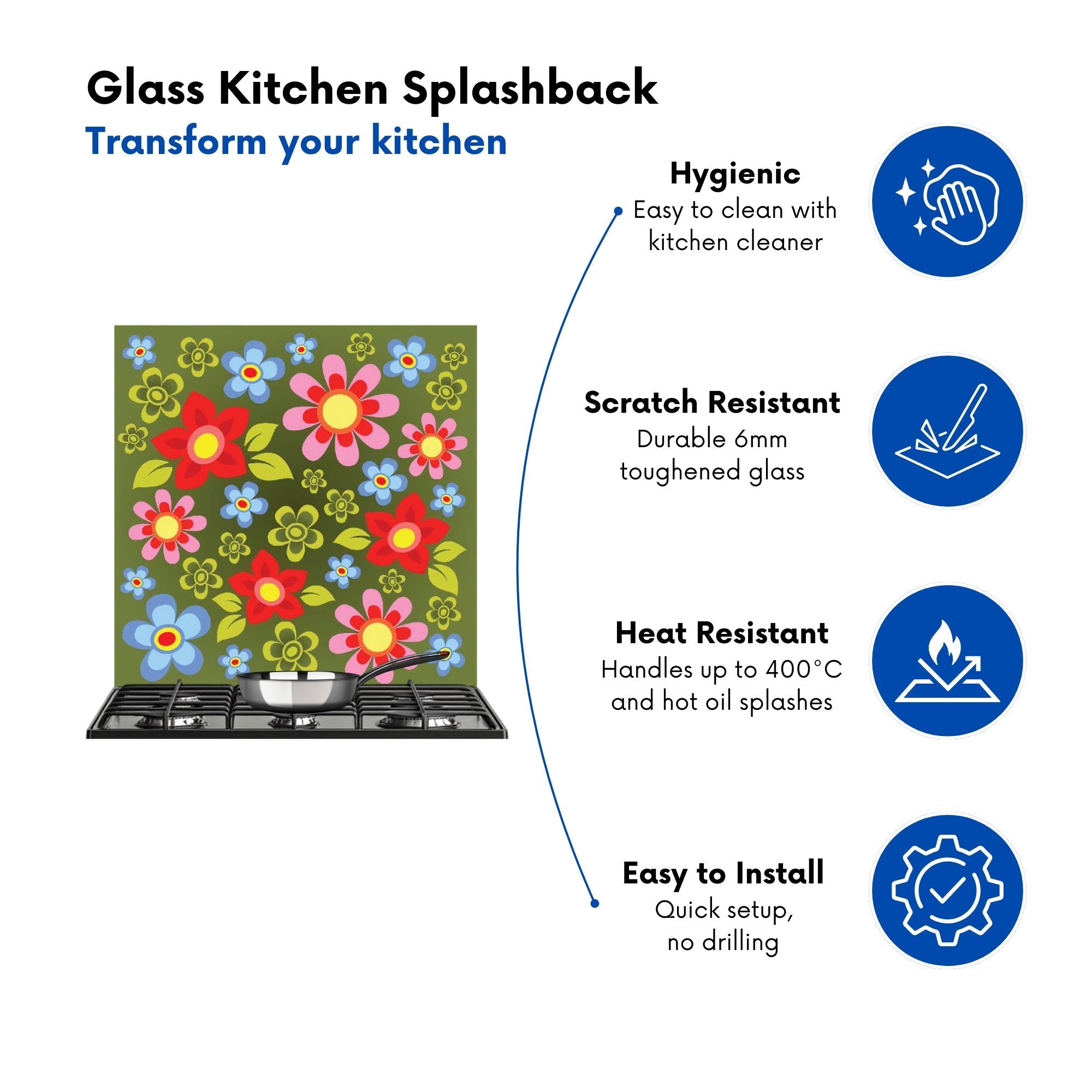 Red And Blue Flowers Kitchen Splashback