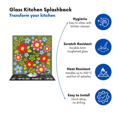 Red And Blue Flowers Kitchen Splashback