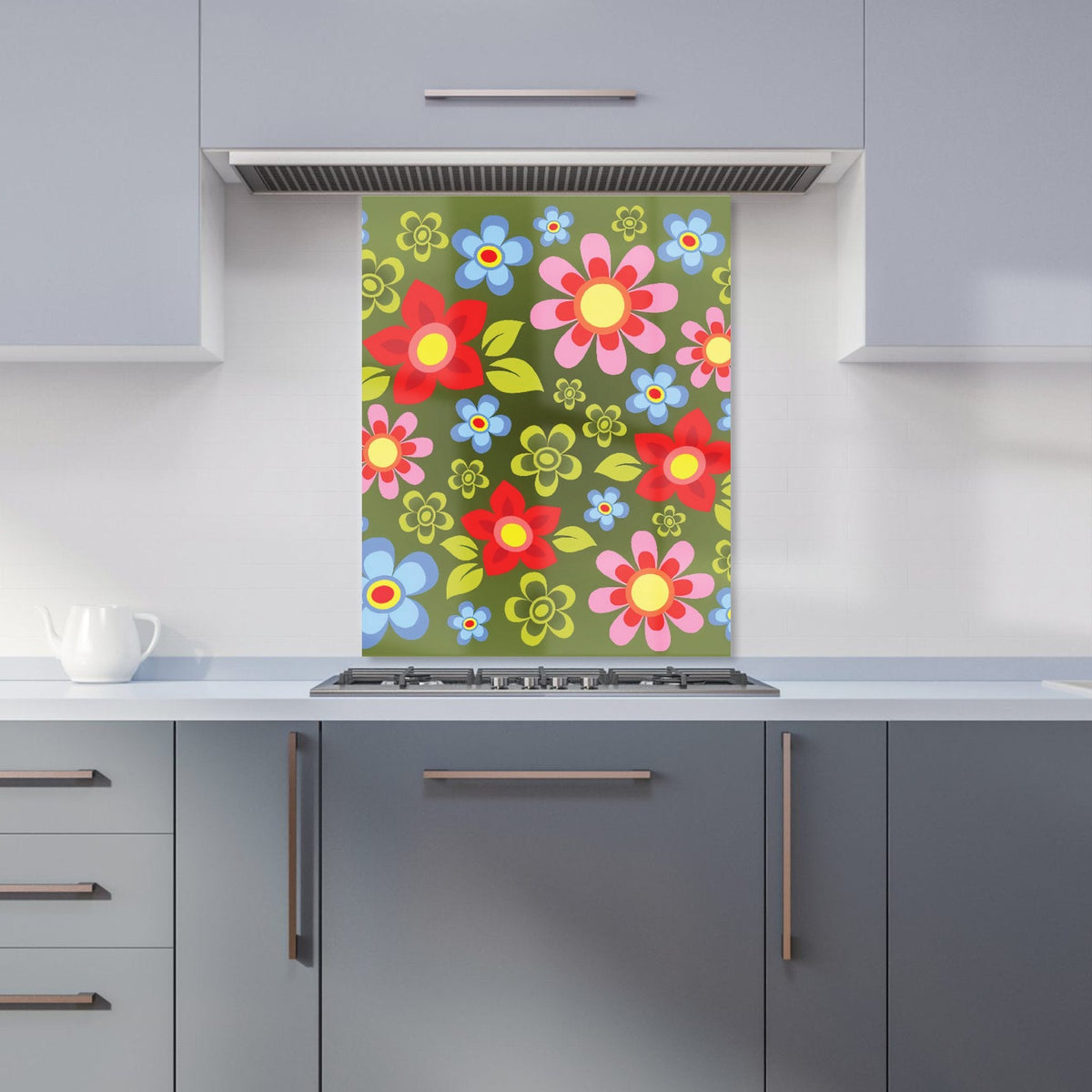 Red And Blue Flowers Kitchen Splashback