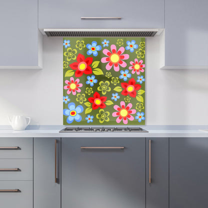 Red And Blue Flowers Kitchen Splashback