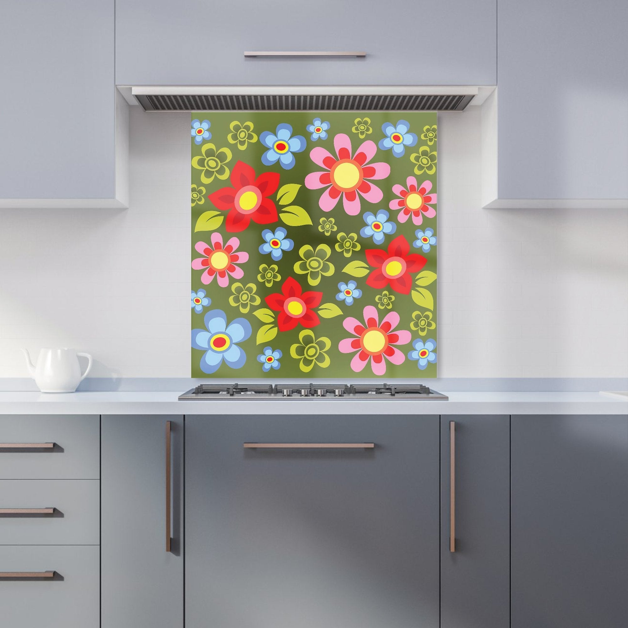 Red And Blue Flowers Kitchen Splashback