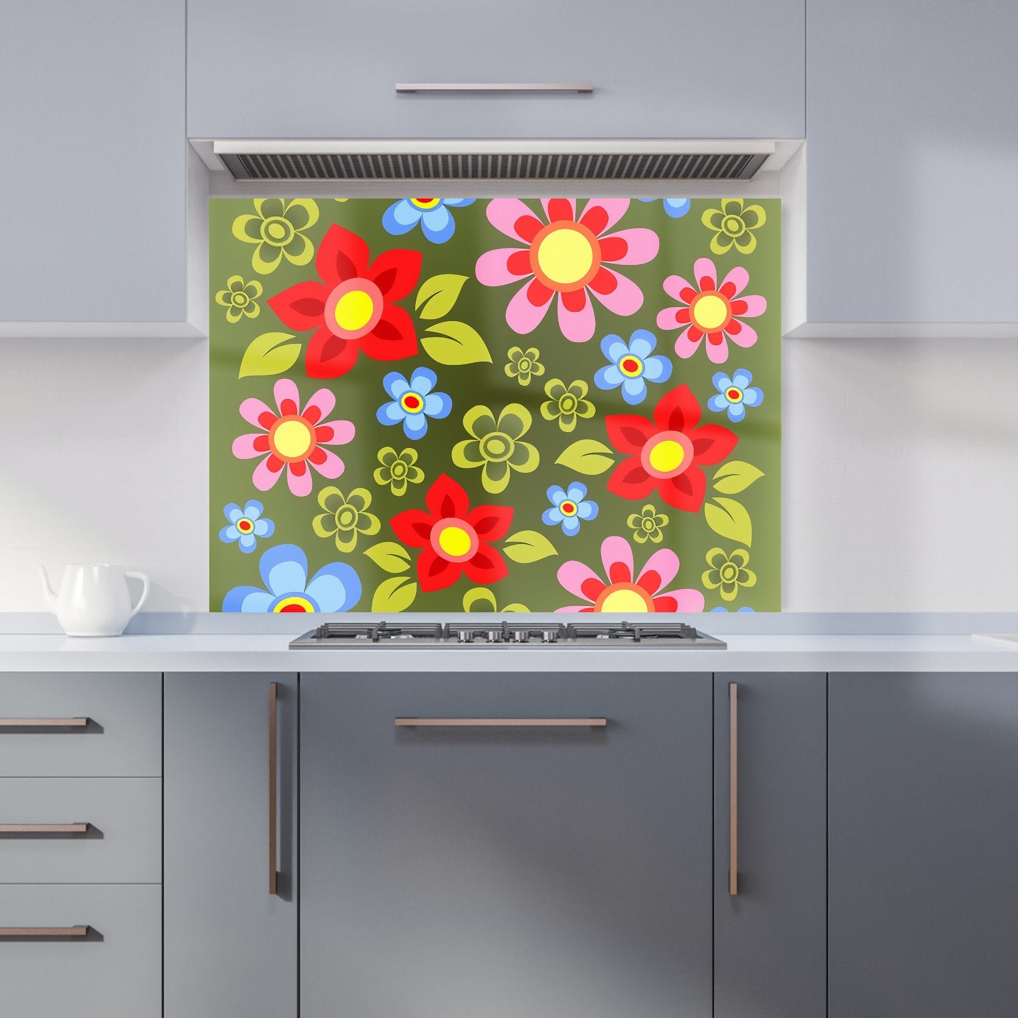 Red And Blue Flowers Kitchen Splashback