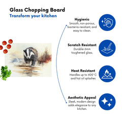 Wading Badger Watercolour Glass Chopping Board