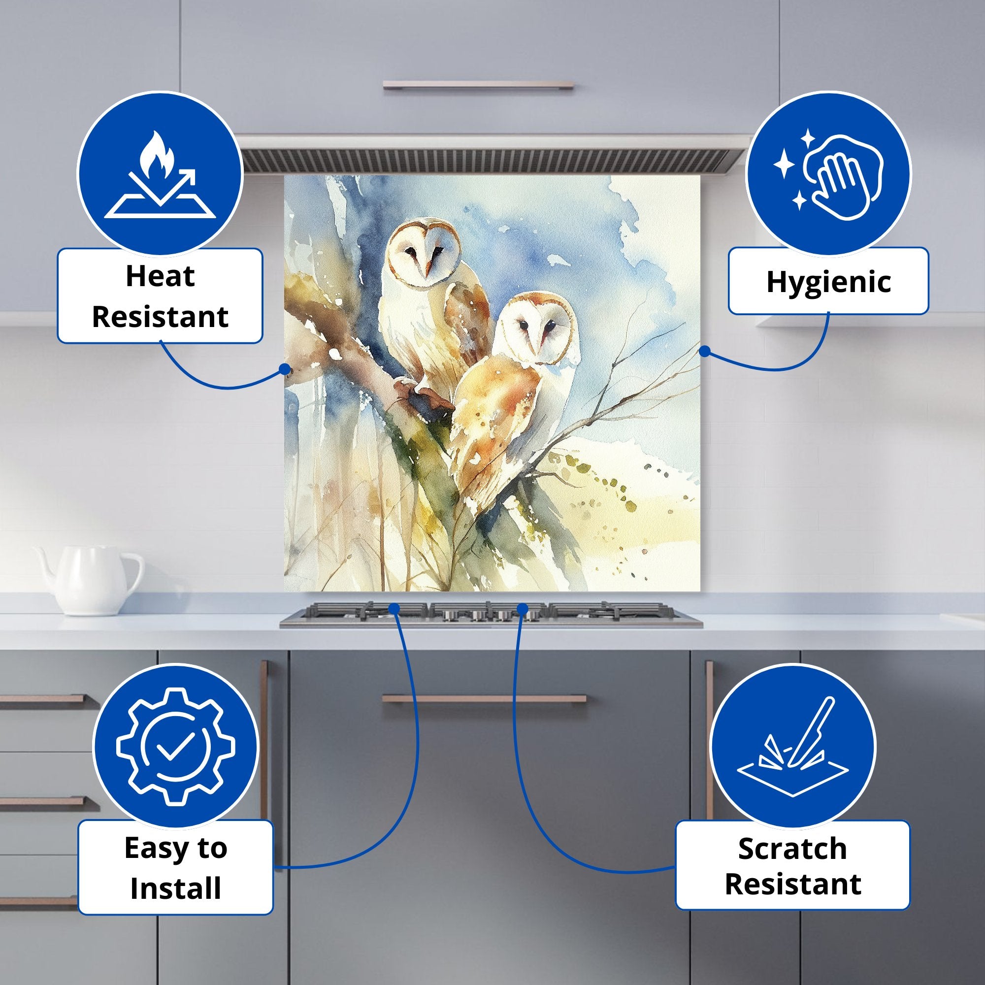 Barn Owls Watercolour Kitchen Splashback