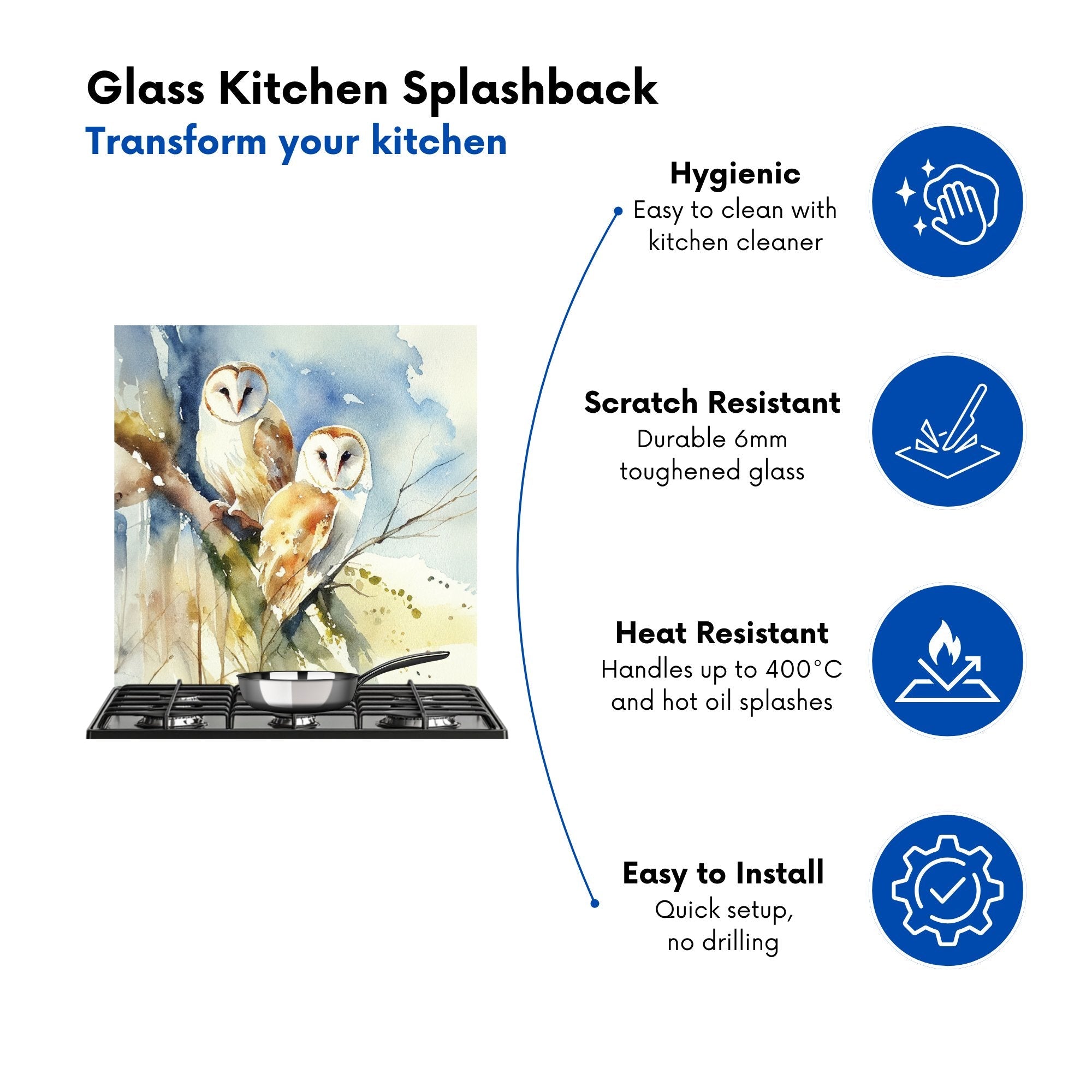 Barn Owls Watercolour Kitchen Splashback